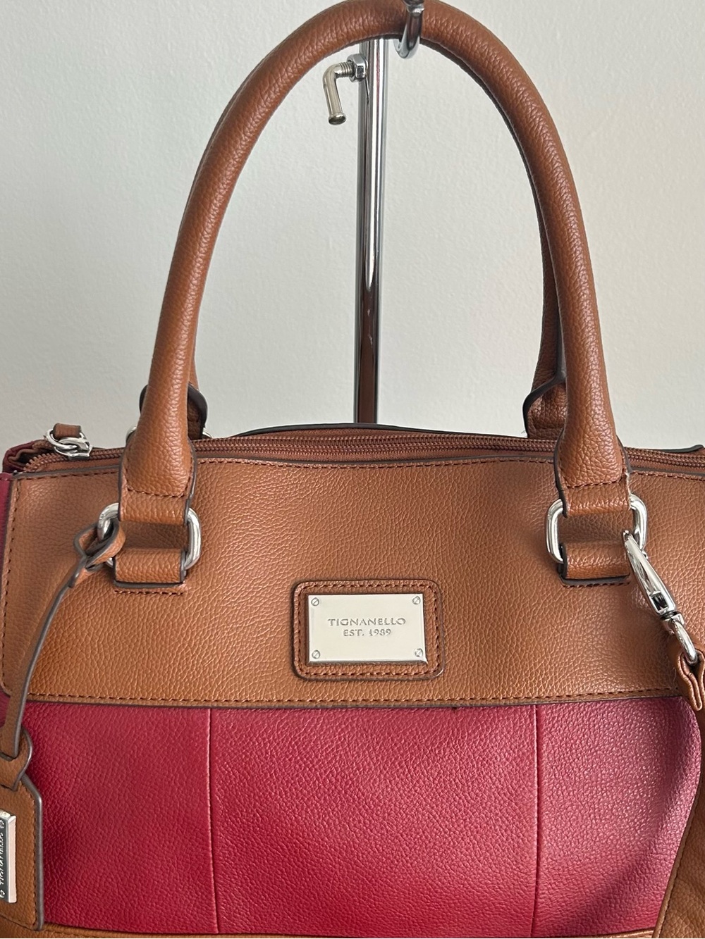 Tignanello Colorblock Leather Satchel Crossbody Brown Burgundy Pebbled Leather - Picture 10 of 14
